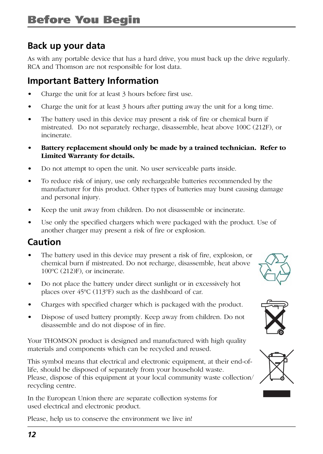 RCA PDP2811 manual Back up your data, Important Battery Information 