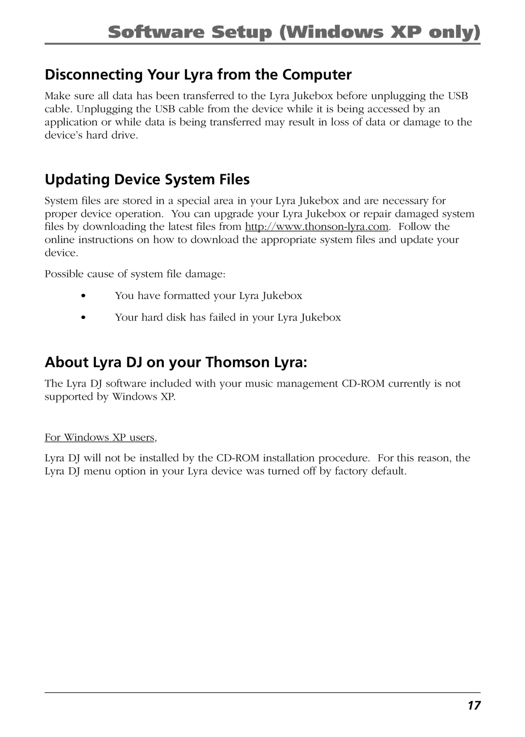 RCA PDP2811 Disconnecting Your Lyra from the Computer, Updating Device System Files, About Lyra DJ on your Thomson Lyra 