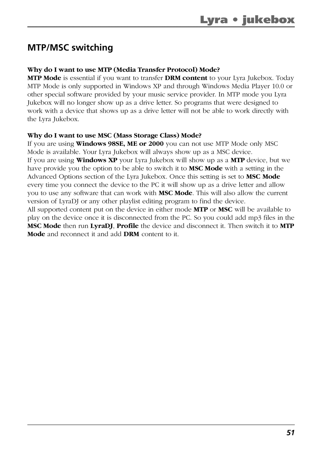 RCA PDP2811 manual MTP/MSC switching, Why do I want to use MTP Media Transfer Protocol Mode? 