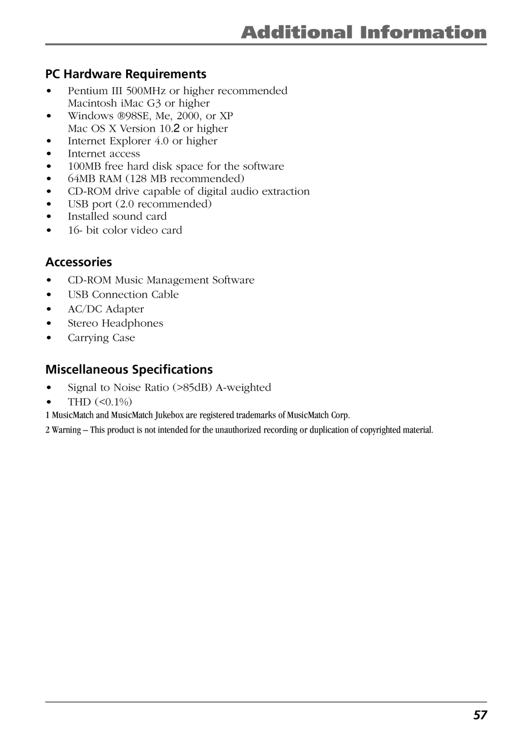 RCA PDP2811 manual PC Hardware Requirements, Accessories, Miscellaneous Specifications 