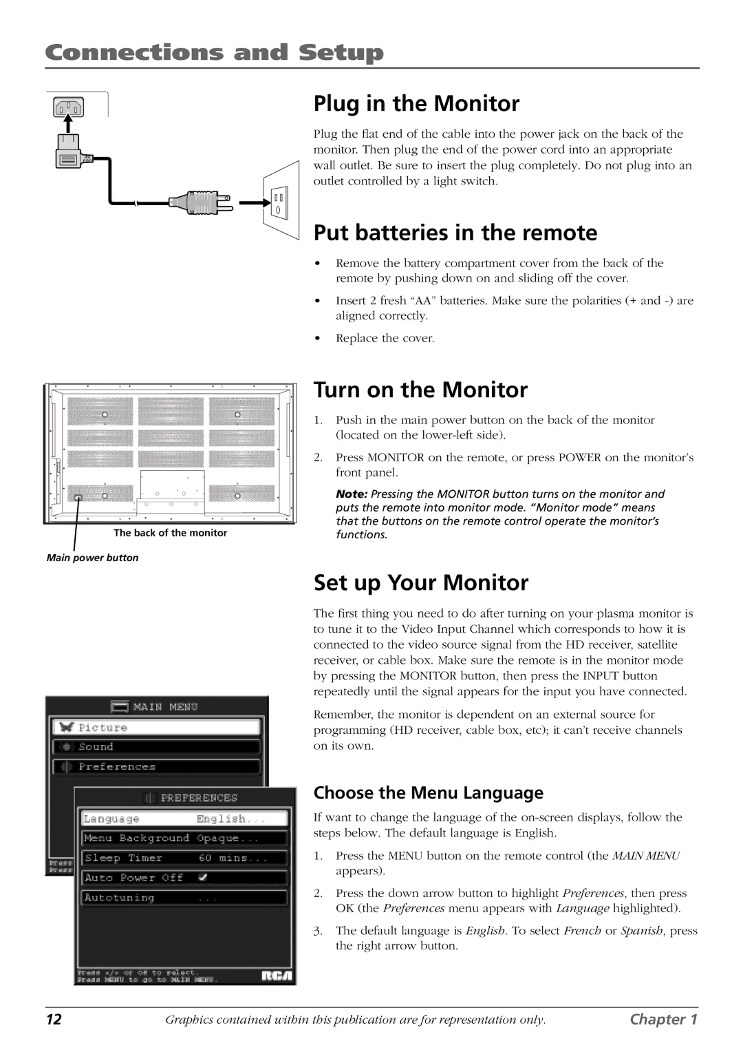 RCA PHD42600 manual Plug in the Monitor, Put batteries in the remote, Turn on the Monitor, Set up Your Monitor 