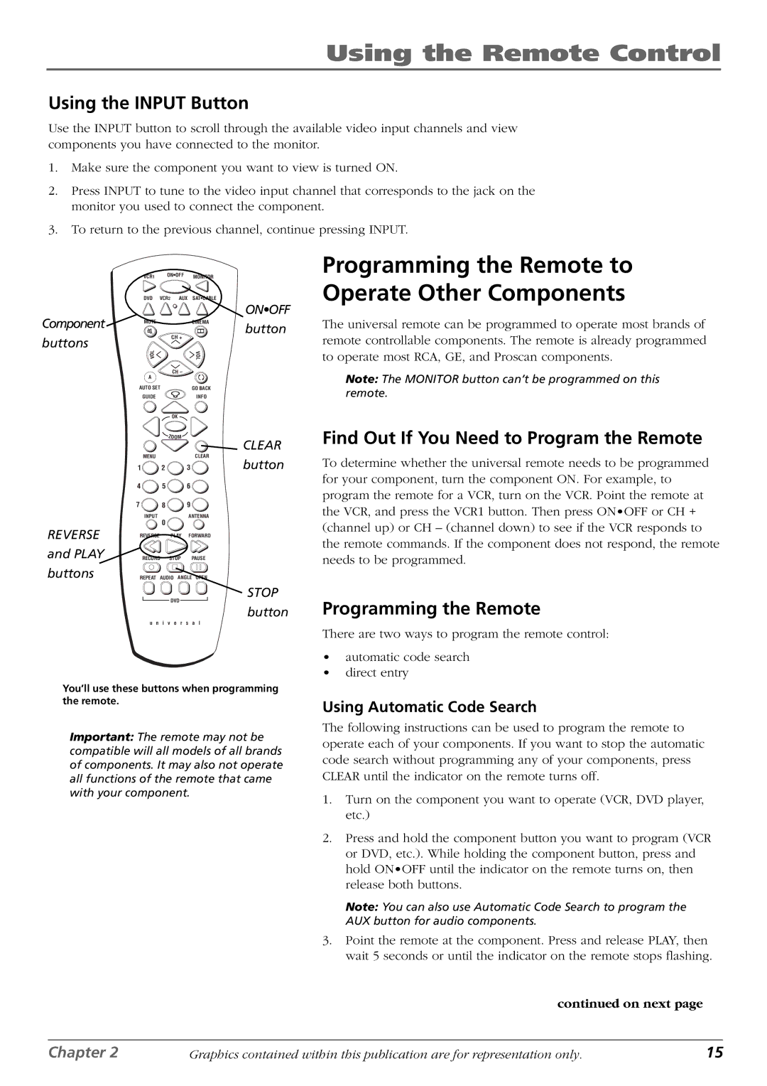 RCA PHD42600 manual Programming the Remote to Operate Other Components, Using the Input Button, Using Automatic Code Search 