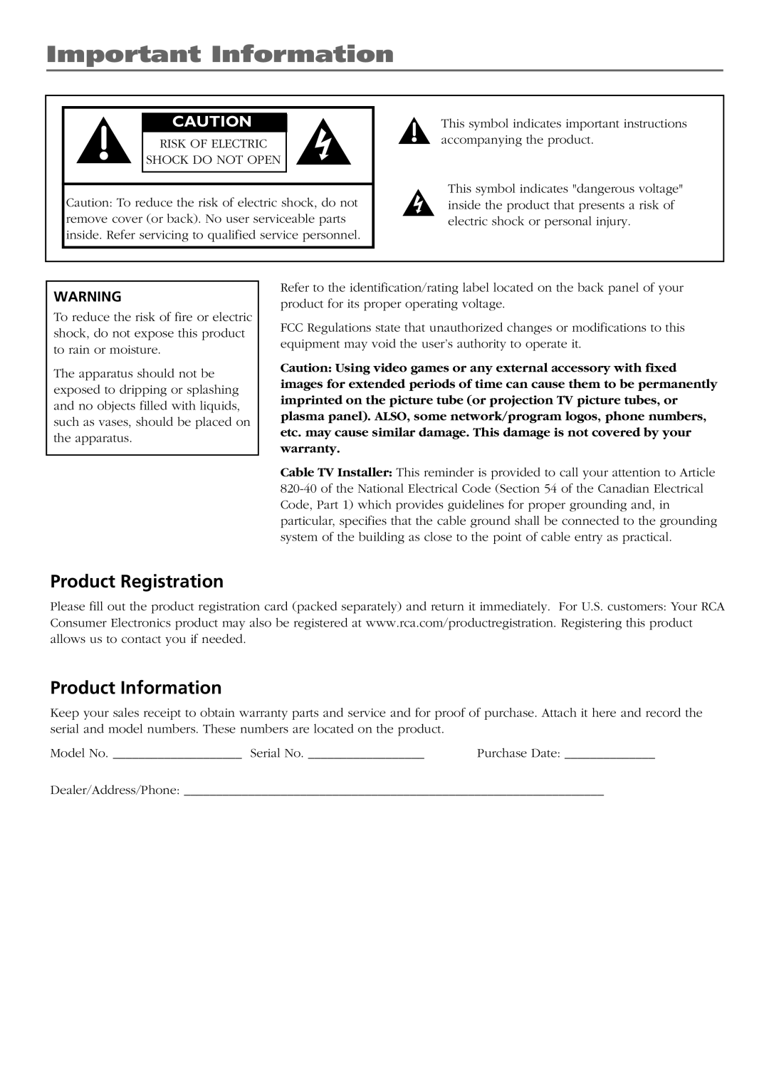 RCA PHD42600 manual Important Information, Product Registration, Product Information 