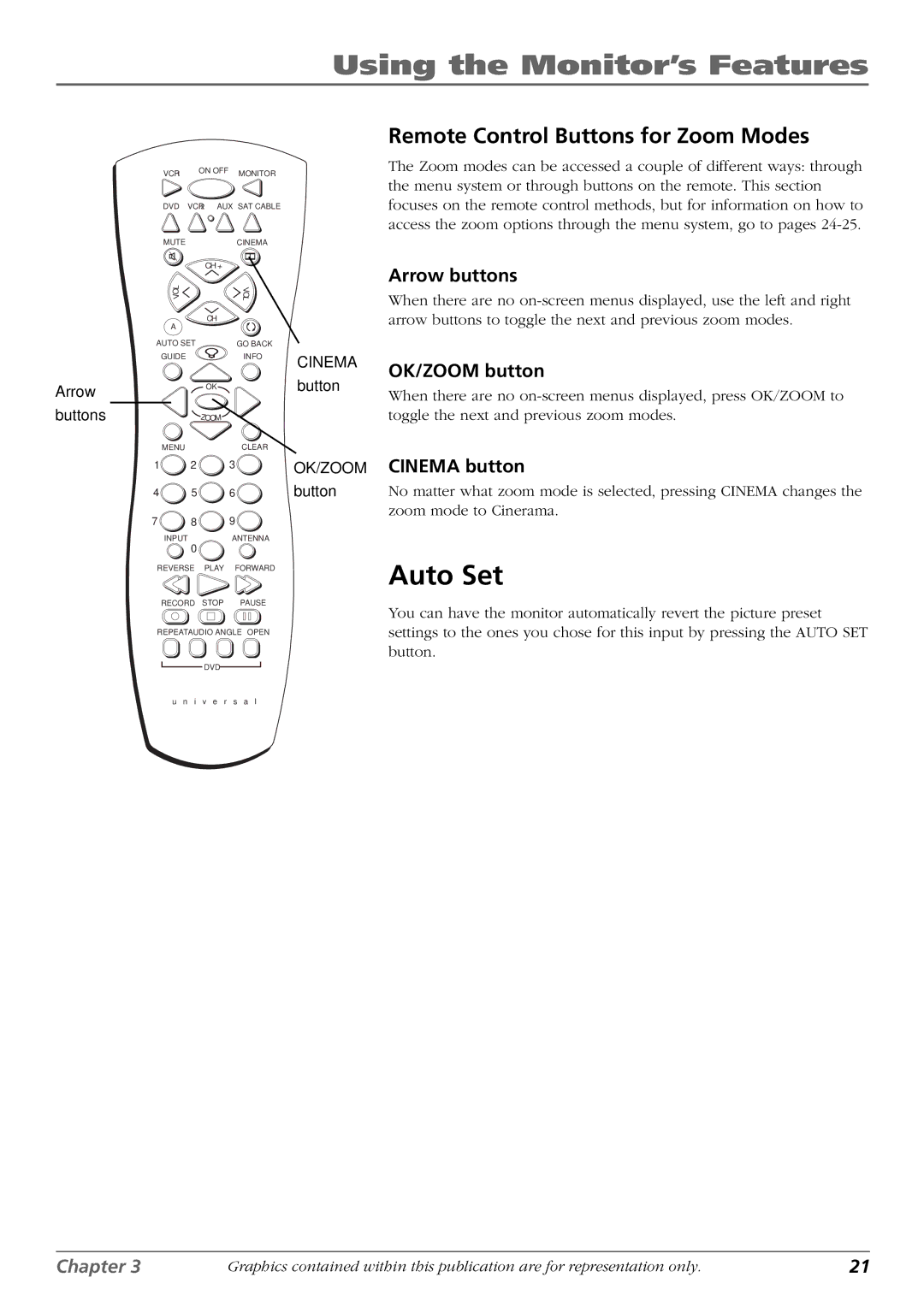 RCA PHD42600 manual Auto Set, Remote Control Buttons for Zoom Modes, Arrow buttons, OK/ZOOM button, Cinema button 