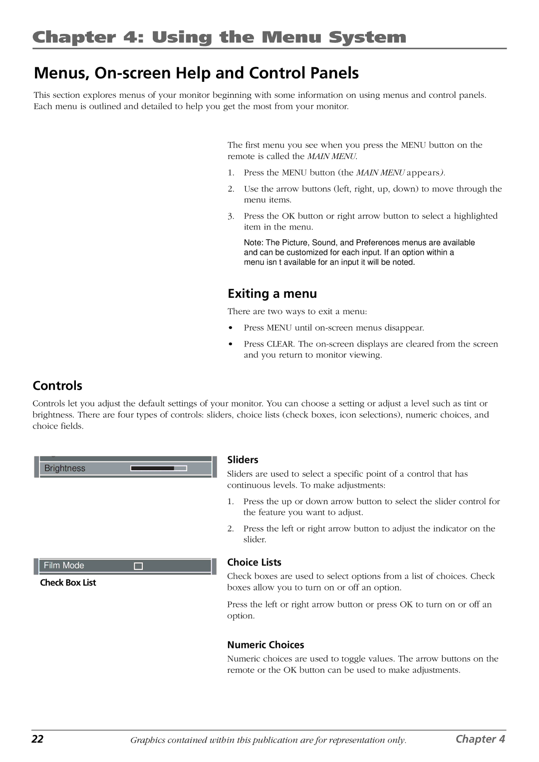 RCA PHD42600 manual Using the Menu System, Menus, On-screen Help and Control Panels, Exiting a menu, Controls 