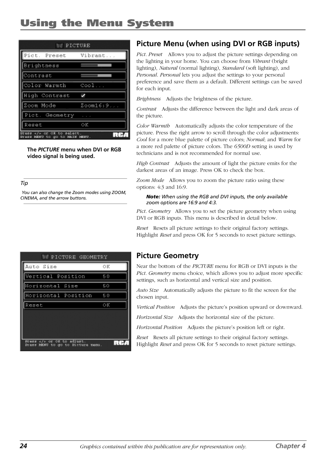 RCA PHD42600 manual Picture Menu when using DVI or RGB inputs, Picture Geometry 