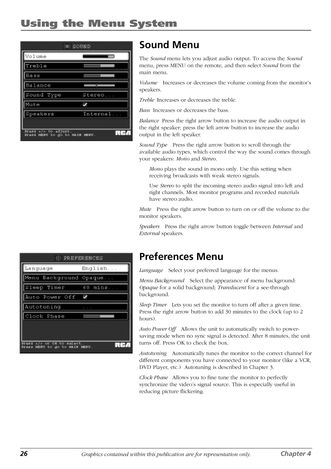 RCA PHD42600 manual Sound Menu, Preferences Menu 