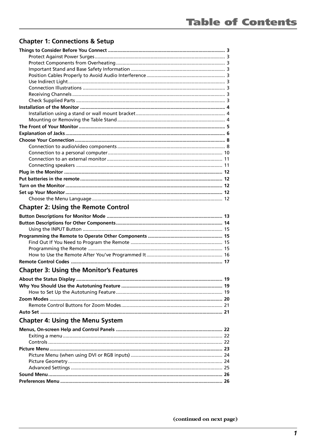 RCA PHD42600 manual Table of Contents 