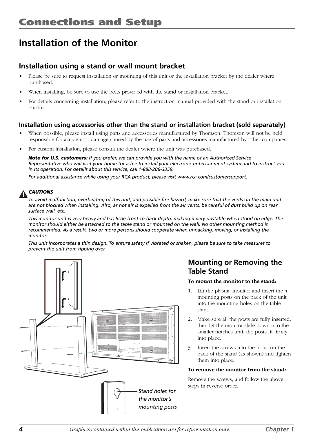 RCA PHD42600 manual Installation of the Monitor, Installation using a stand or wall mount bracket 