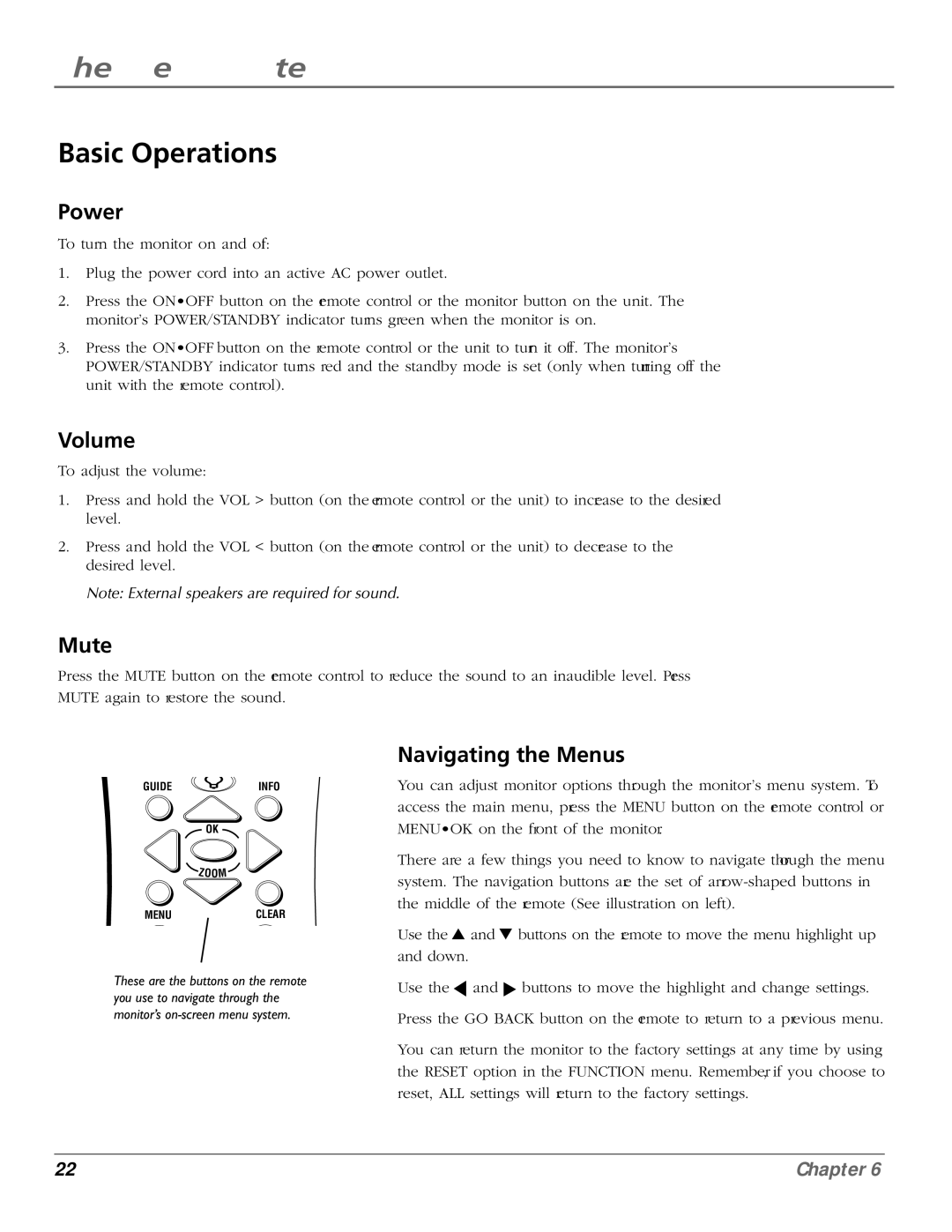 RCA PHD50300 manual Basic Operations, Power, Volume, Mute, Navigating the Menus 