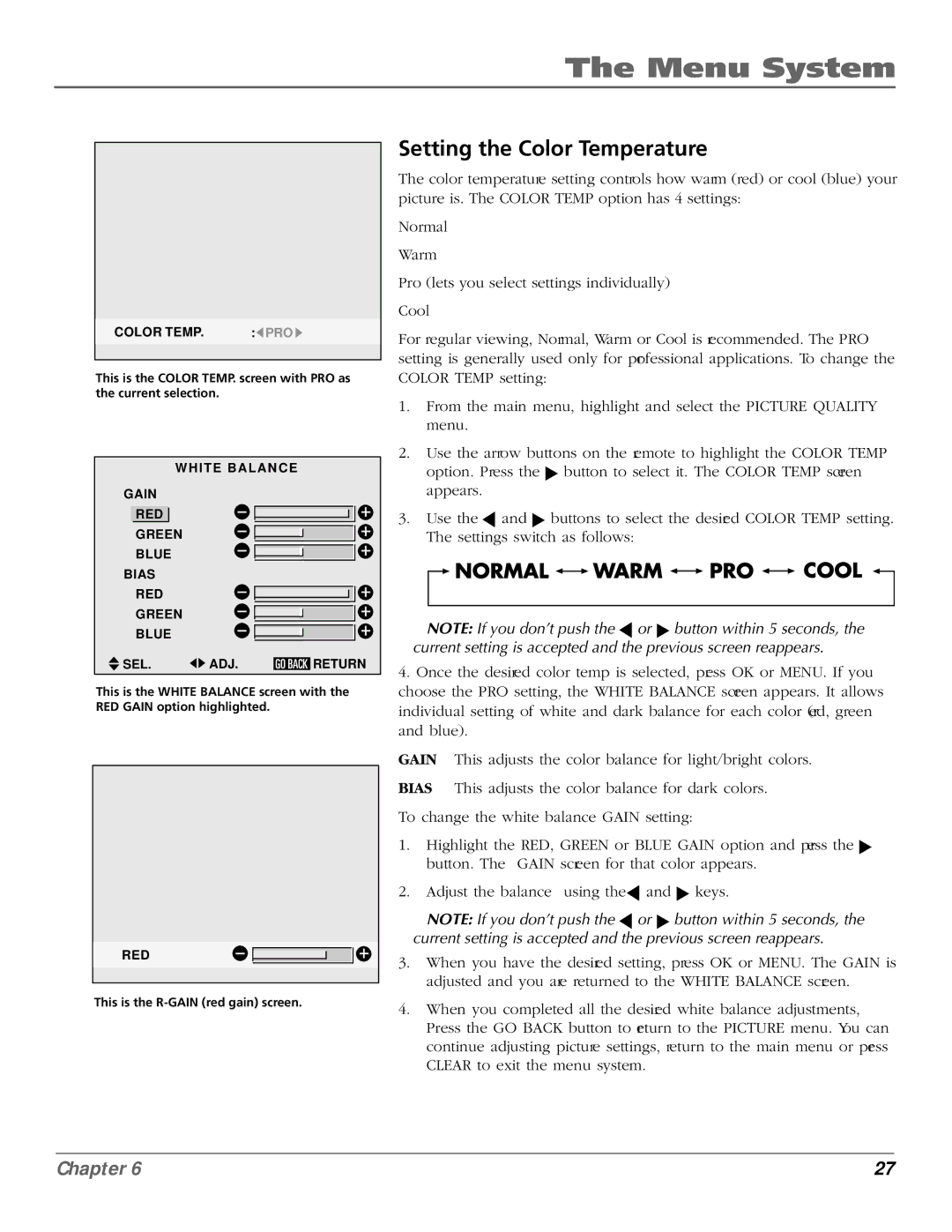 RCA PHD50300 manual Setting the Color Temperature 