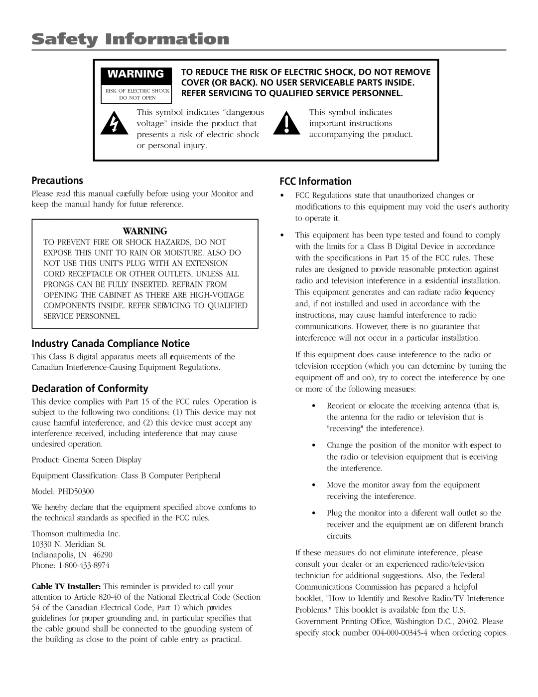 RCA PHD50300 manual Precautions, Industry Canada Compliance Notice, Declaration of Conformity, FCC Information 