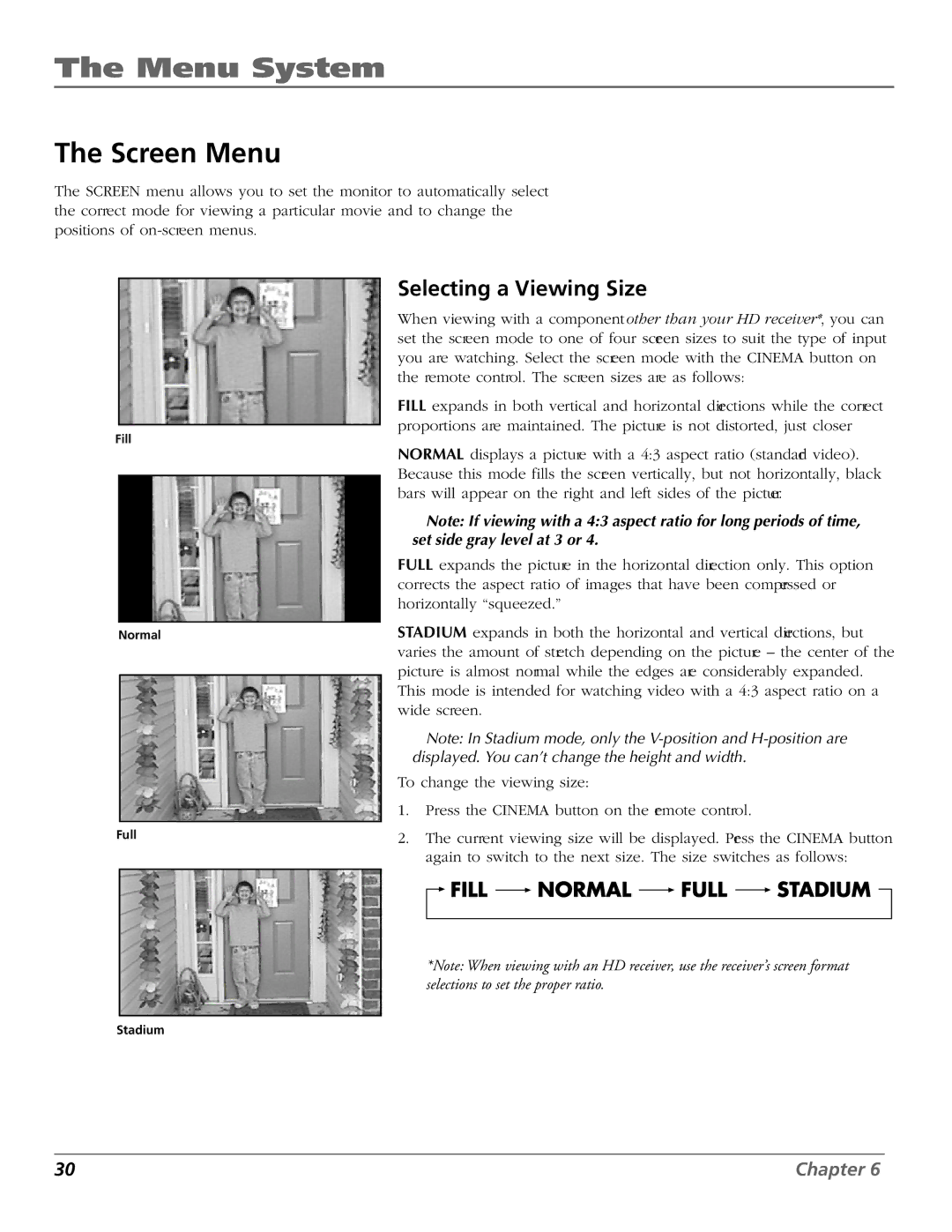 RCA PHD50300 manual Screen Menu, Selecting a Viewing Size 