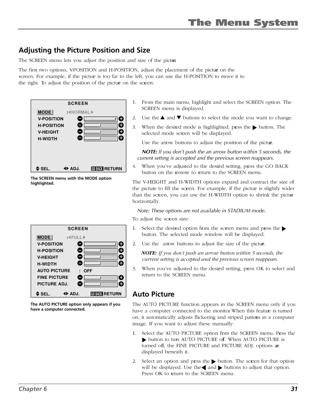 RCA PHD50300 manual Adjusting the Picture Position and Size, Auto Picture 