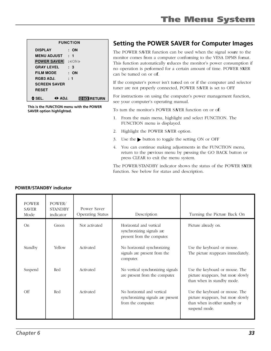 RCA PHD50300 manual Setting the Power Saver for Computer Images, POWER/STANDBY indicator 