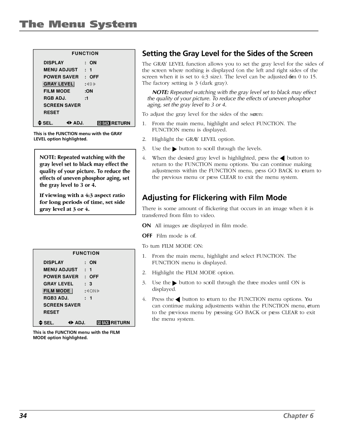 RCA PHD50300 manual Setting the Gray Level for the Sides of the Screen, Adjusting for Flickering with Film Mode 