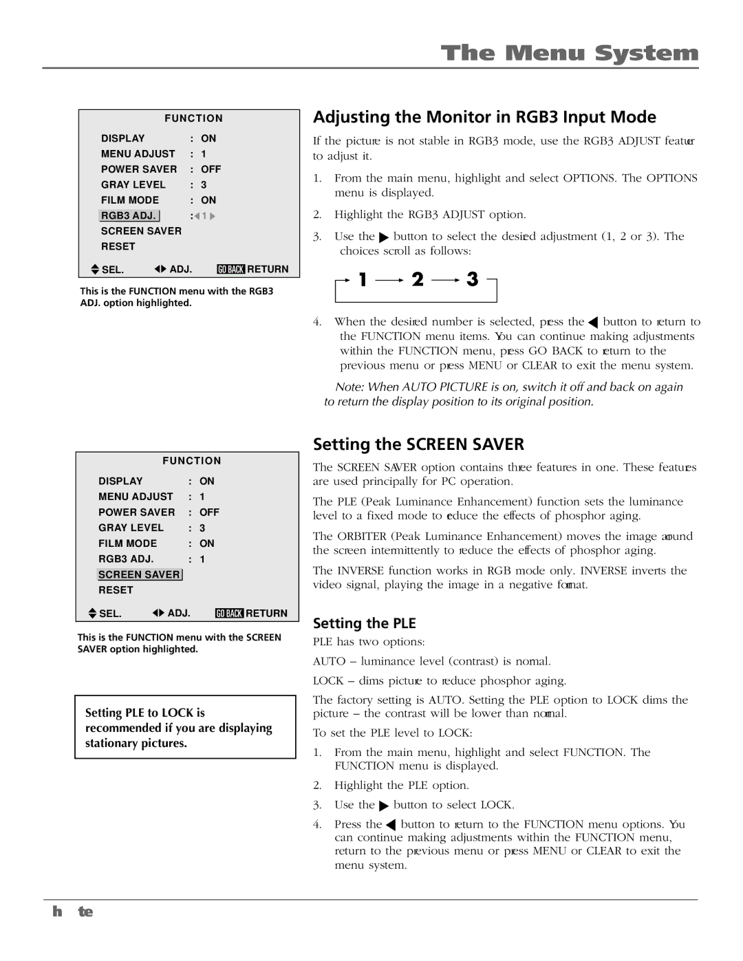 RCA PHD50300 manual Adjusting the Monitor in RGB3 Input Mode, Setting the Screen Saver, Setting the PLE 