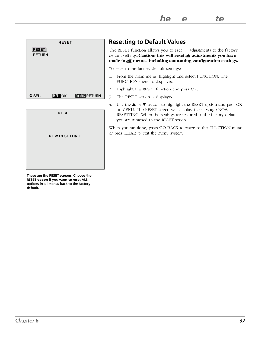 RCA PHD50300 manual Resetting to Default Values, S E T Reset Return SEL NOW Resetting 