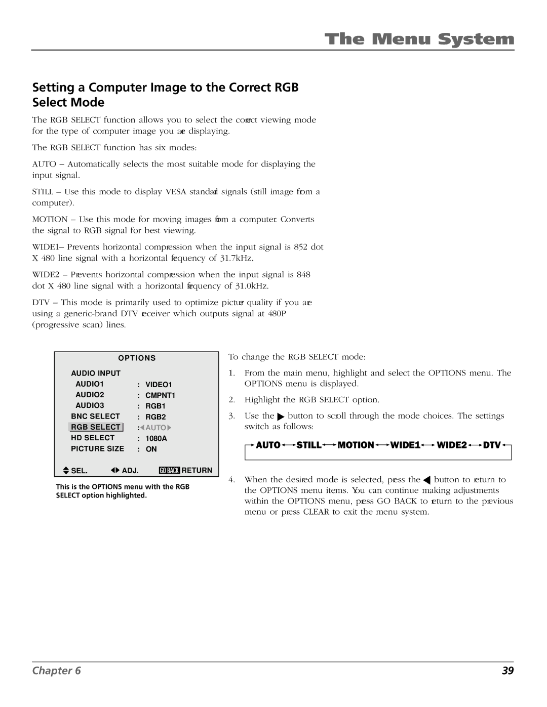 RCA PHD50300 manual Setting a Computer Image to the Correct RGB Select Mode, Auto 