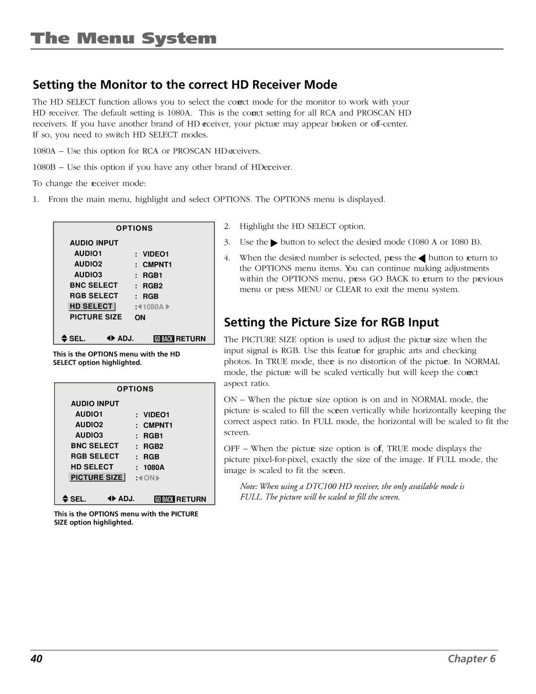 RCA PHD50300 manual Setting the Monitor to the correct HD Receiver Mode, Setting the Picture Size for RGB Input 