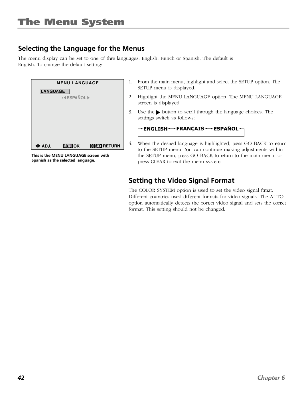 RCA PHD50300 manual Selecting the Language for the Menus, Setting the Video Signal Format 