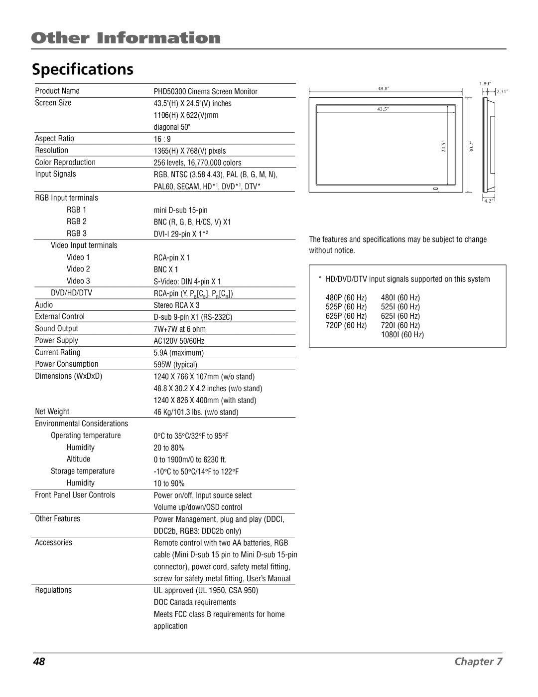 RCA PHD50300 manual Specifications, Dvd/Hd/Dtv 