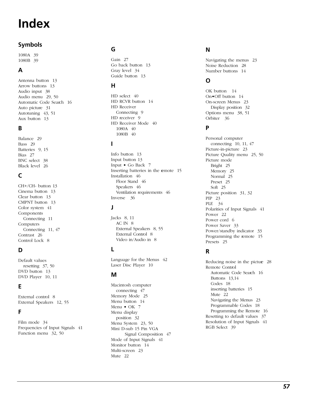 RCA PHD50300 manual Index, Symbols 