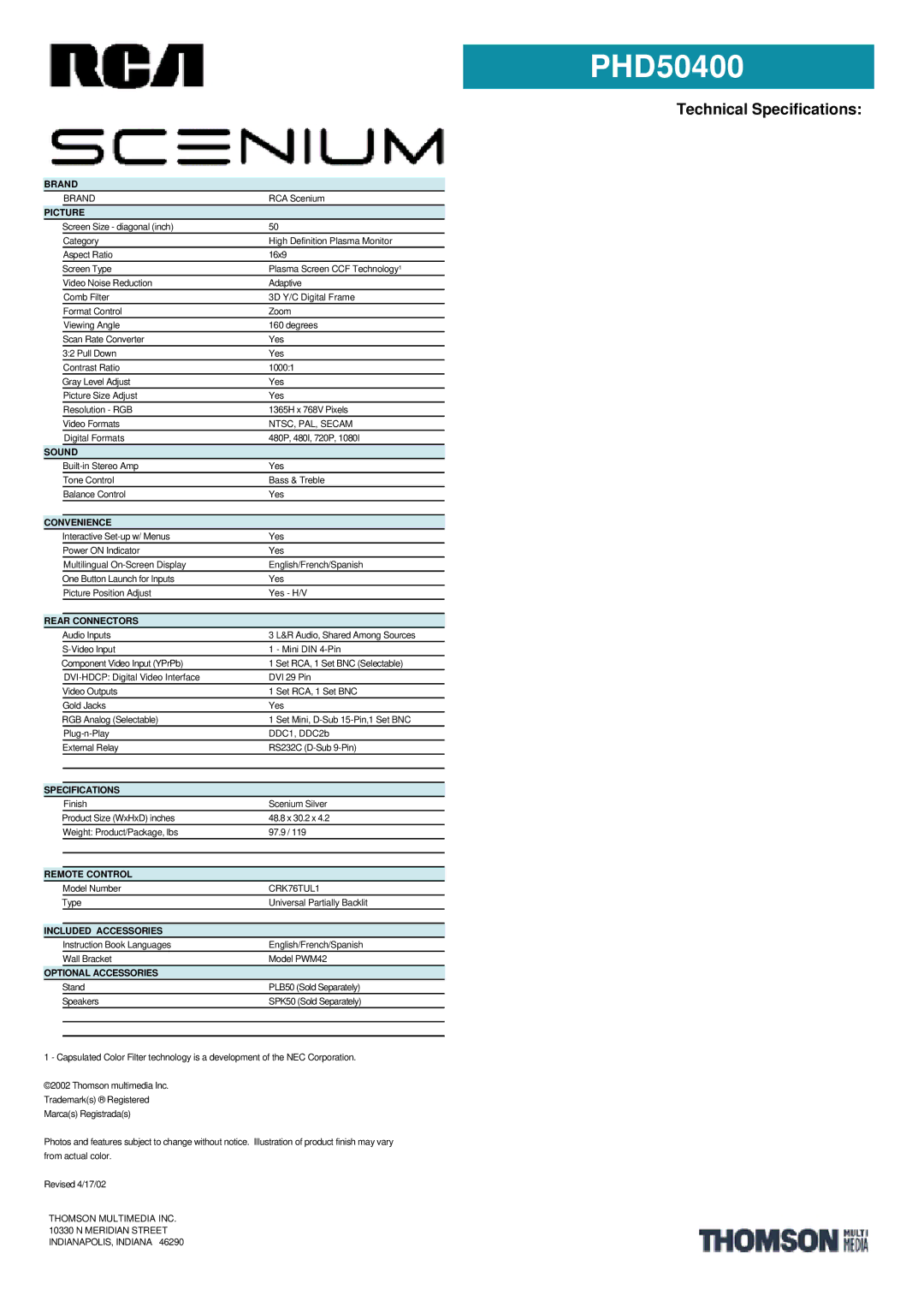 RCA PHD50400 manual Technical Specifications 