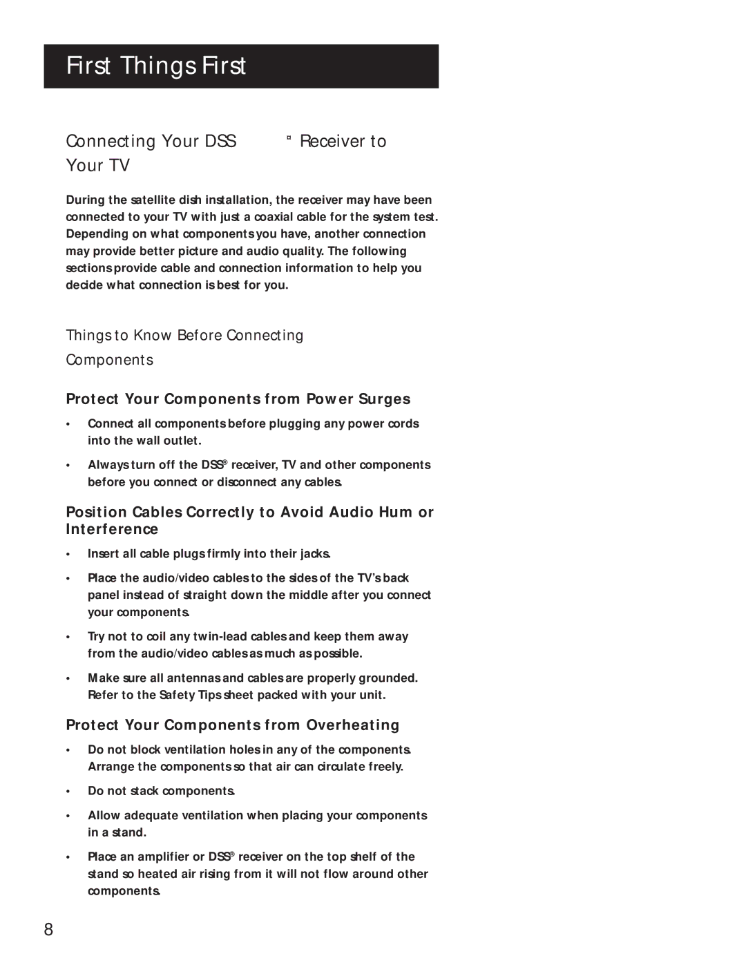 RCA pmn manual Connecting Your DSS Receiver to Your TV, Things to Know Before Connecting Components 