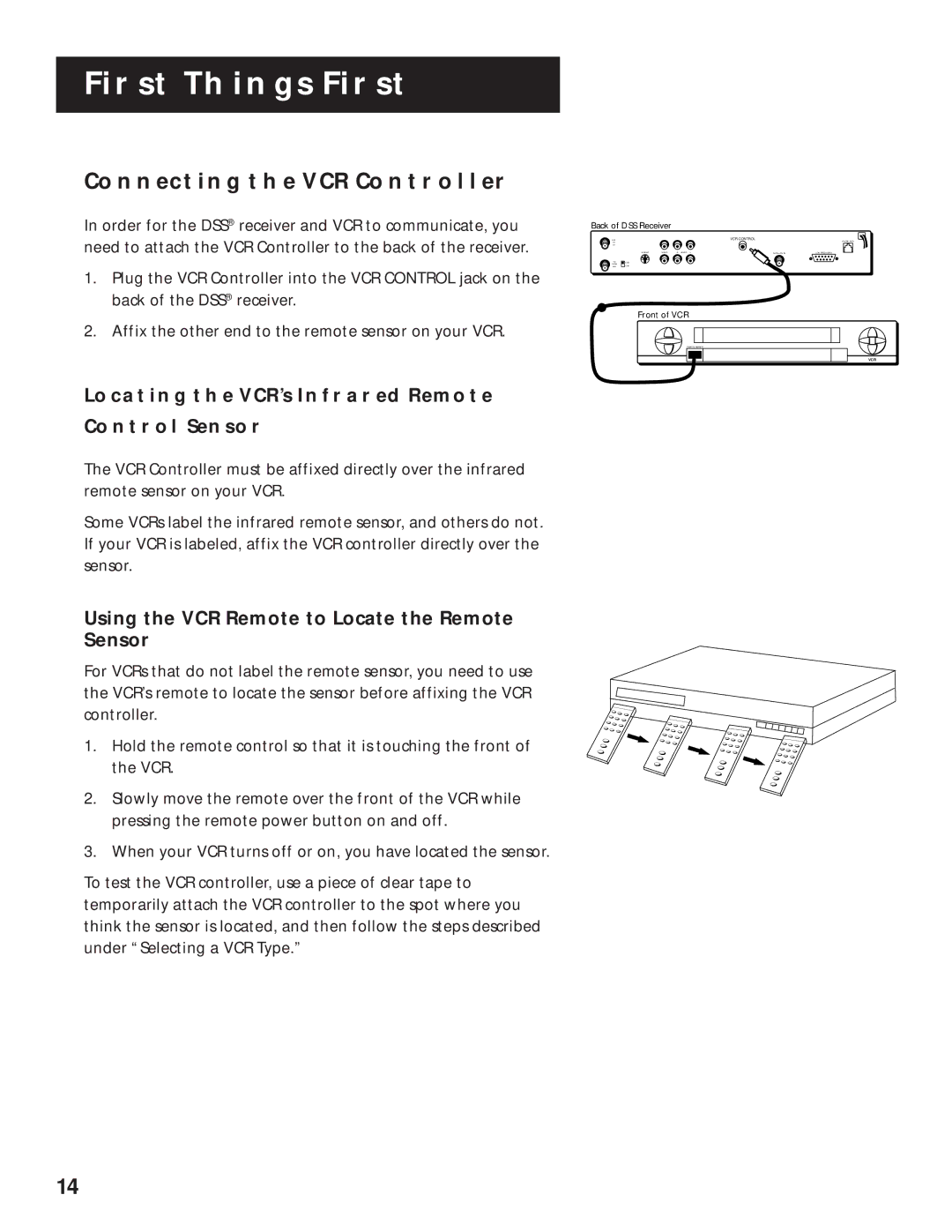 RCA pmn manual Connecting the VCR Controller, Locating the VCR’S Infrared Remote Control Sensor 