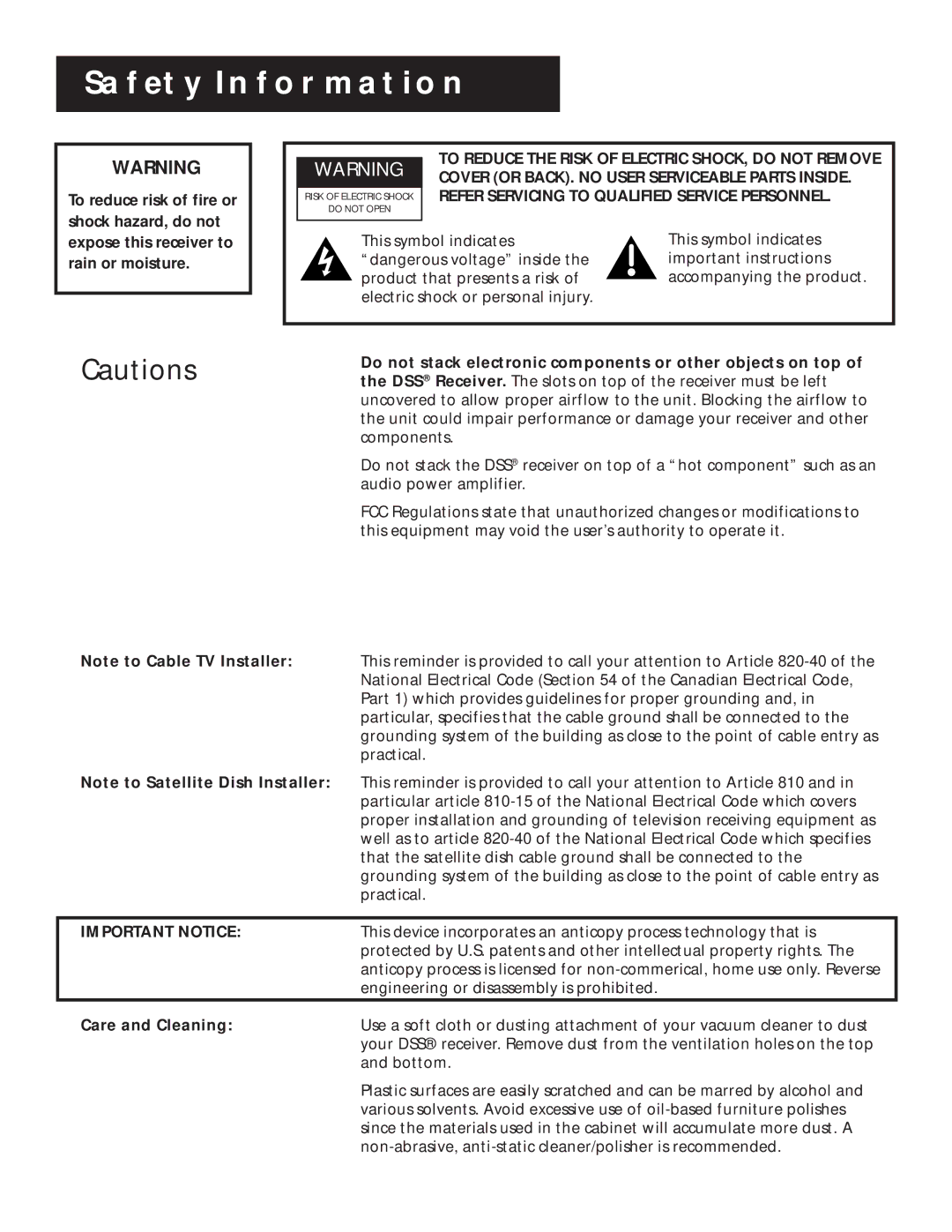 RCA pmn manual Safety Information, Care and Cleaning 