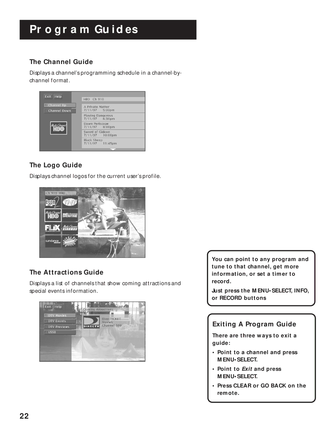 RCA pmn manual Channel Guide, Logo Guide, Attractions Guide, Exiting a Program Guide 