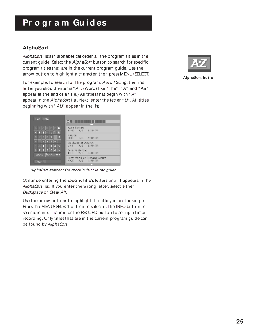 RCA pmn manual AlphaSort, Backspace or Clear All 