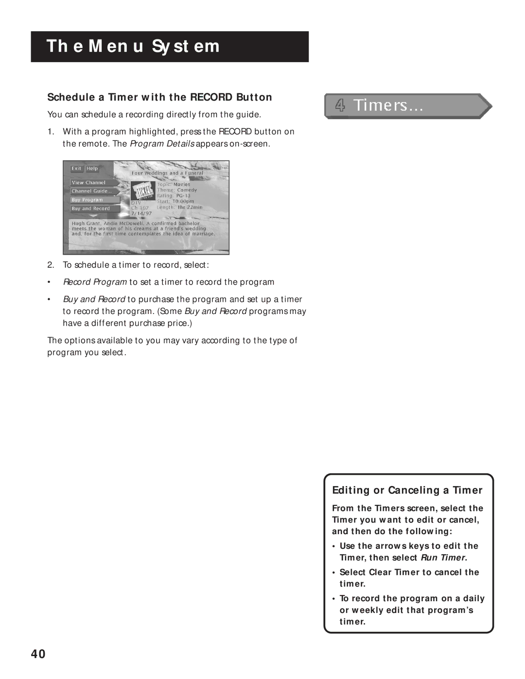 RCA pmn manual Schedule a Timer with the Record Button, Editing or Canceling a Timer 