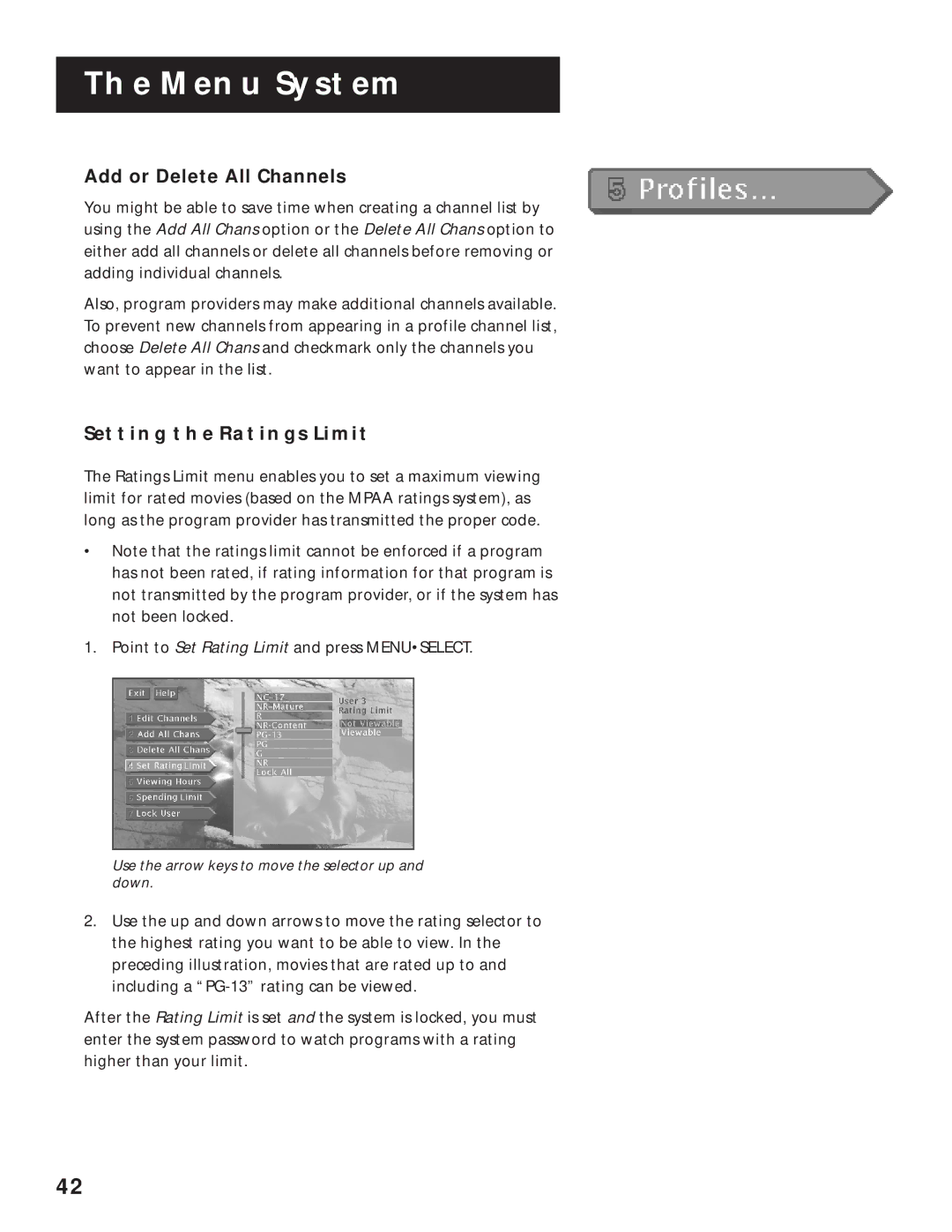 RCA pmn manual Add or Delete All Channels, Setting the Ratings Limit 