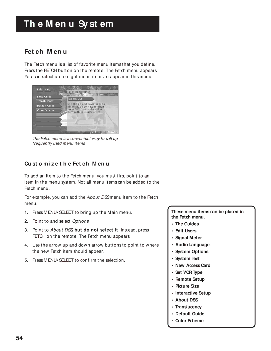 RCA pmn manual Customize the Fetch Menu 