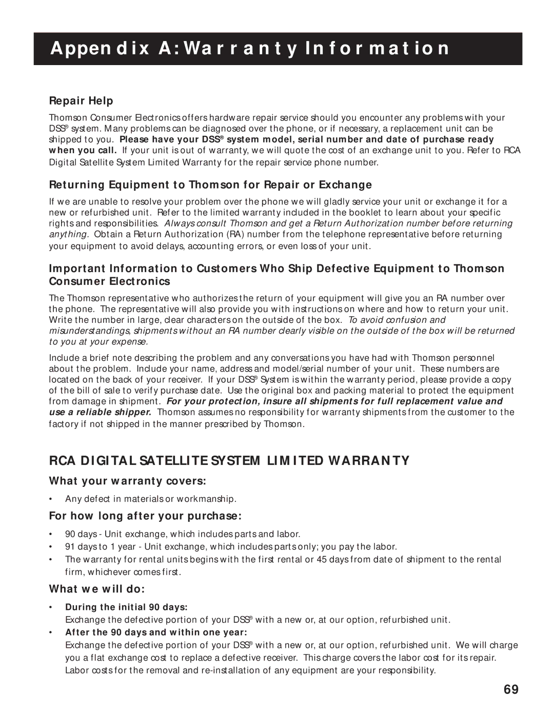 RCA pmn manual Appendix a Warranty Information, RCA Digital Satellite System Limited Warranty 