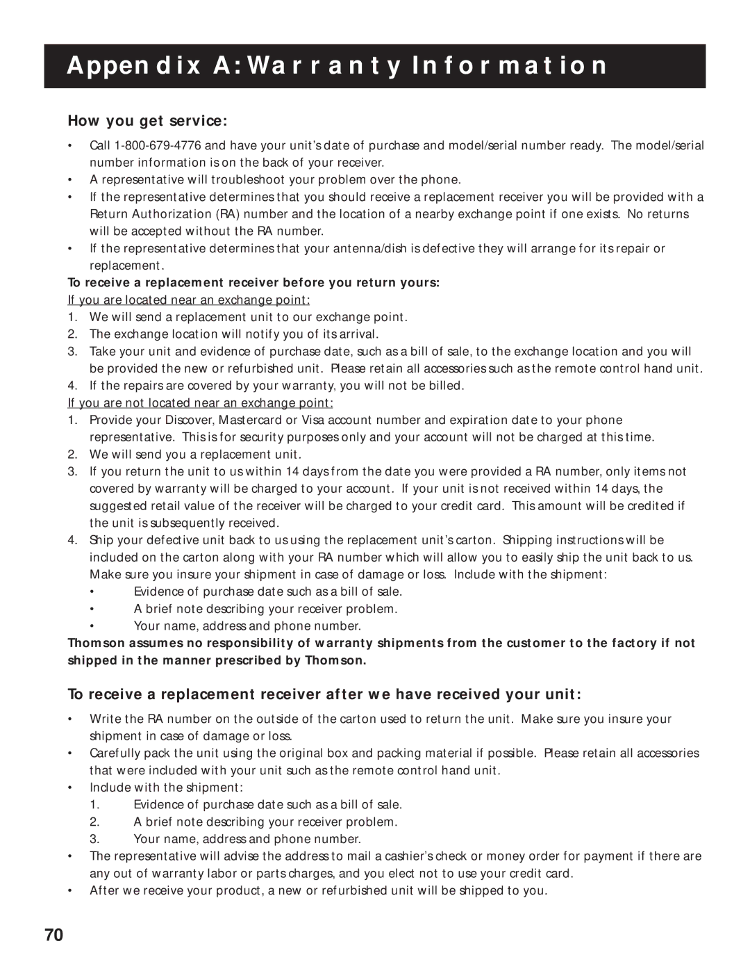 RCA pmn manual How you get service, To receive a replacement receiver before you return yours 