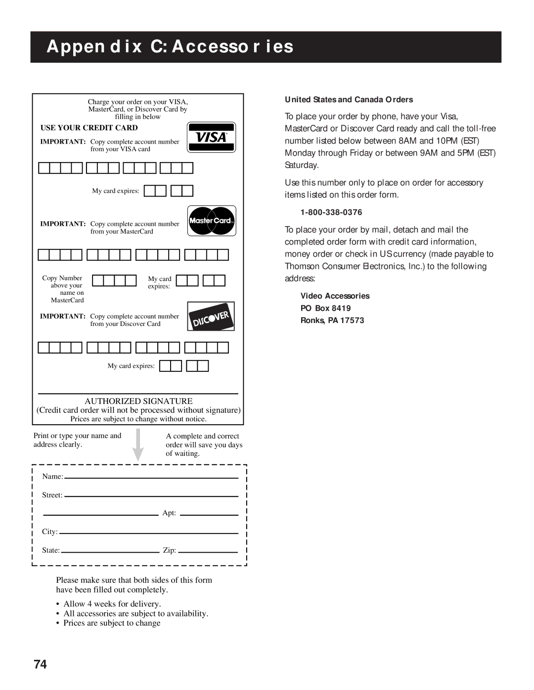 RCA pmn manual United States and Canada Orders, Video Accessories PO Box Ronks, PA 