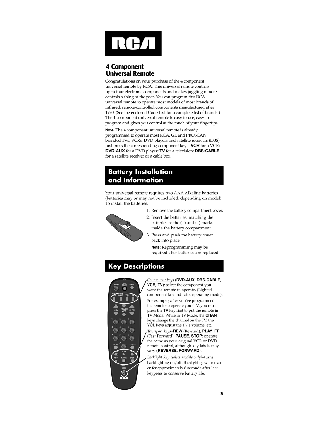 RCA RCU450, pp18l manual Battery Installation Information, Key Descriptions 