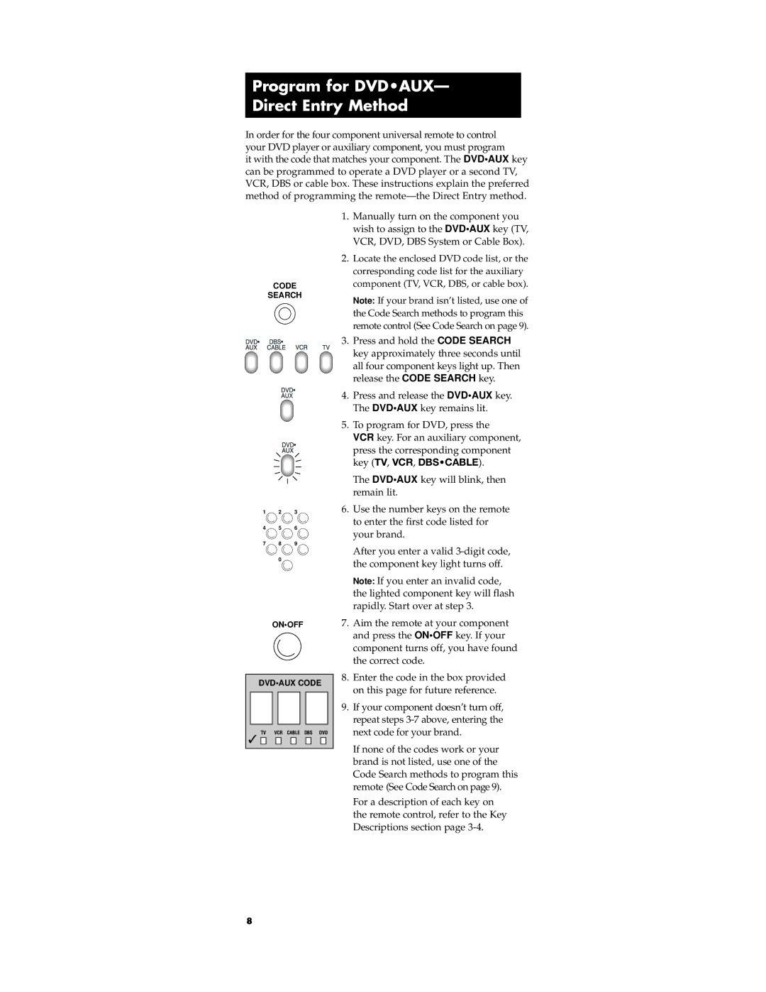 RCA pp18l, RCU450 manual Program for Dvdaux Direct Entry Method 