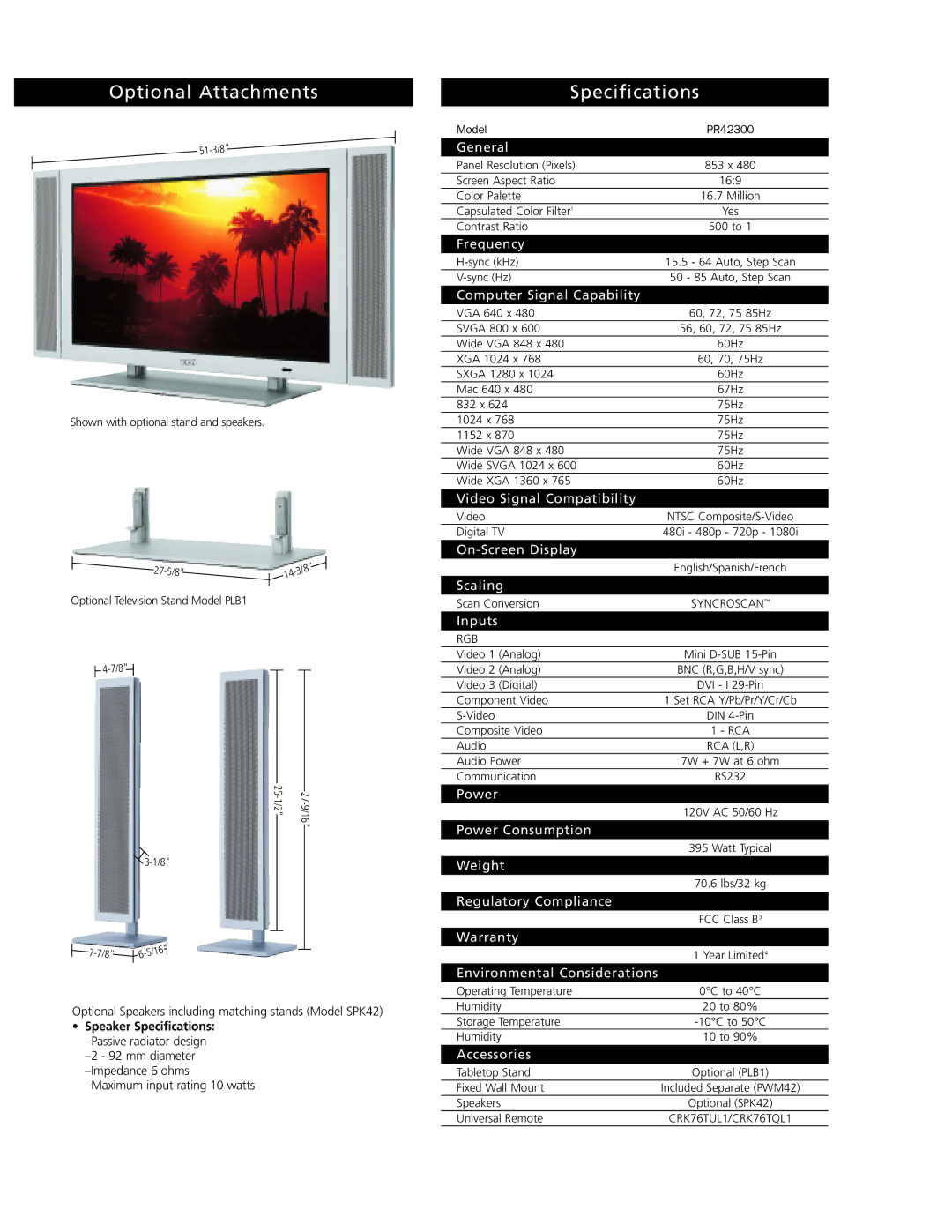 RCA PR42300 manual Optional Attachments, Specifications 