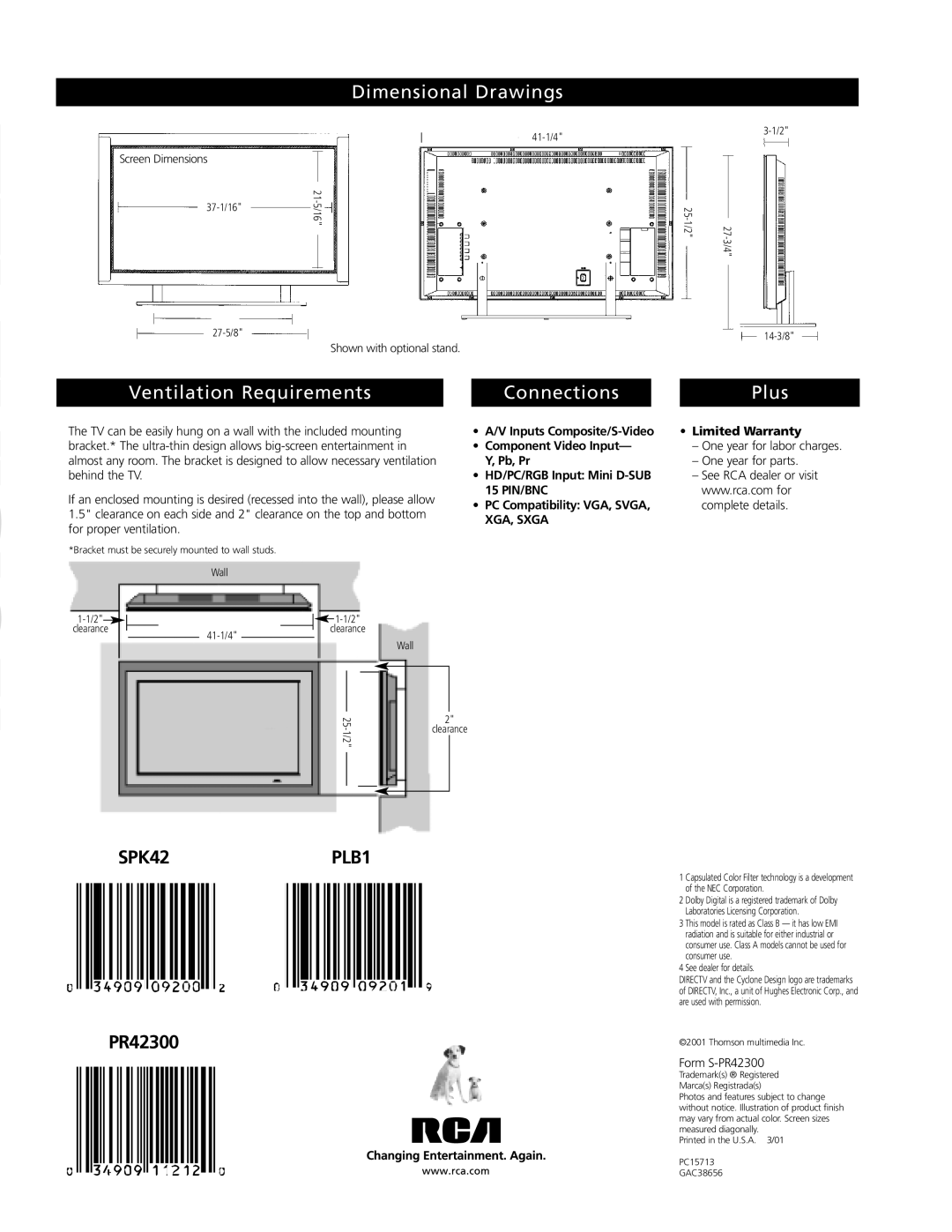 RCA PR42300 manual Dimensional Drawings, Ventilation Requirements Connections, Plus, Limited Warranty 