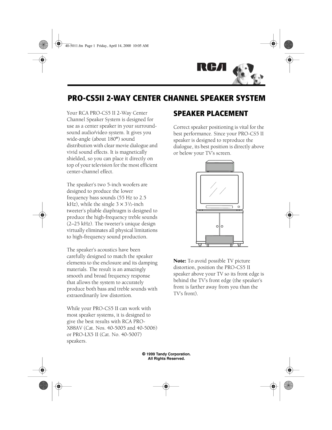 RCA manual PRO-CS5II 2-WAY Center Channel Speaker System, Speaker Placement 