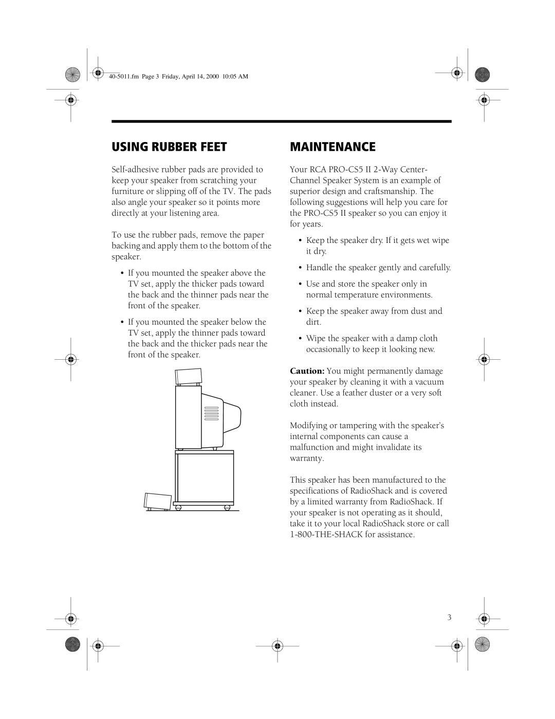 RCA PRO-CS5II manual Using Rubber Feet, Maintenance 