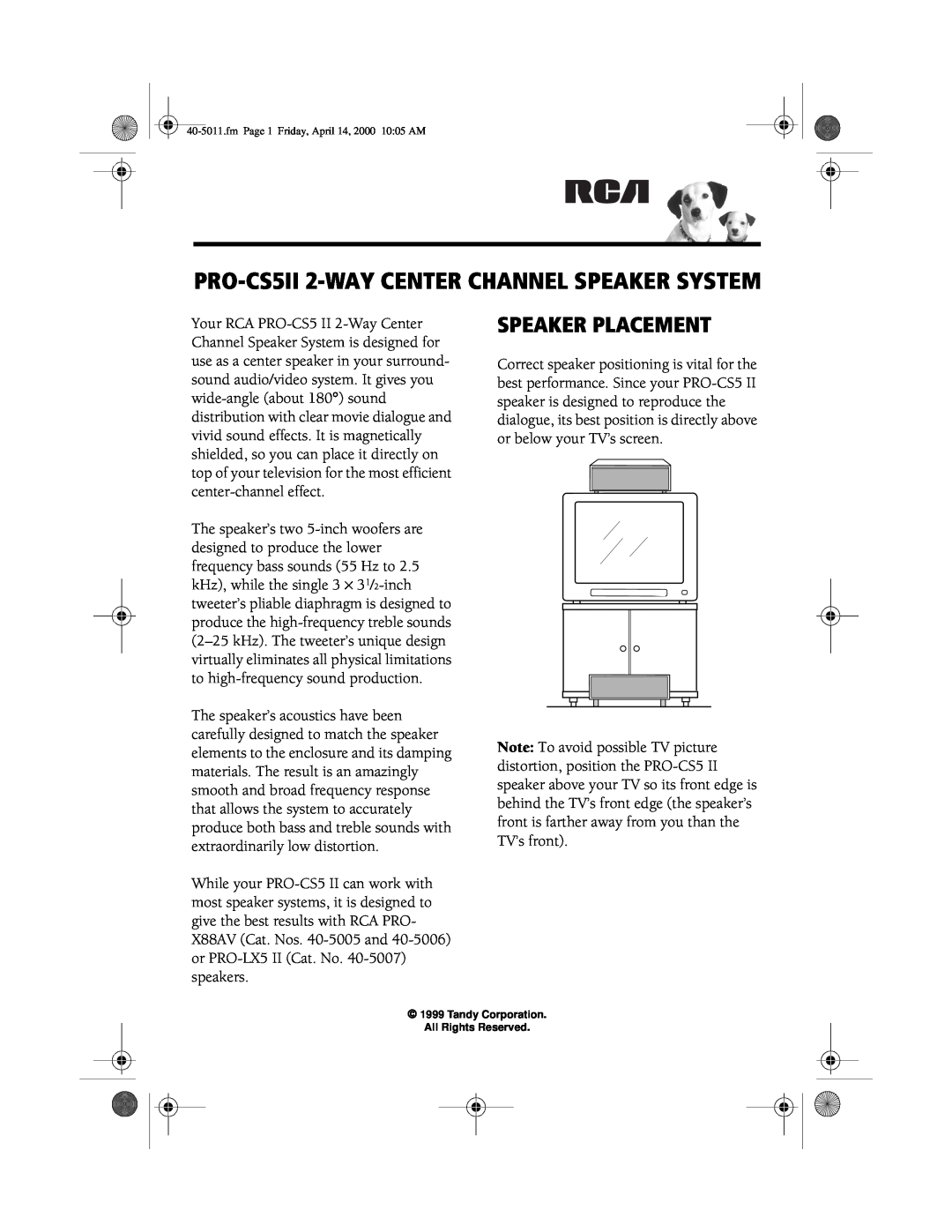 RCA manual Speaker Placement, PRO-CS5II 2-WAYCENTER CHANNEL SPEAKER SYSTEM 