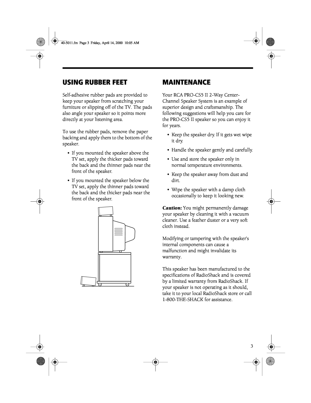 RCA PRO-CS5II manual Using Rubber Feet, Maintenance 