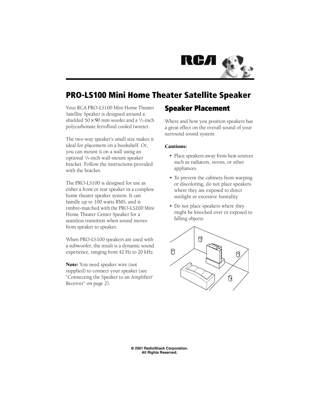 RCA manual PRO-LS100 Mini Home Theater Satellite Speaker, Speaker Placement 