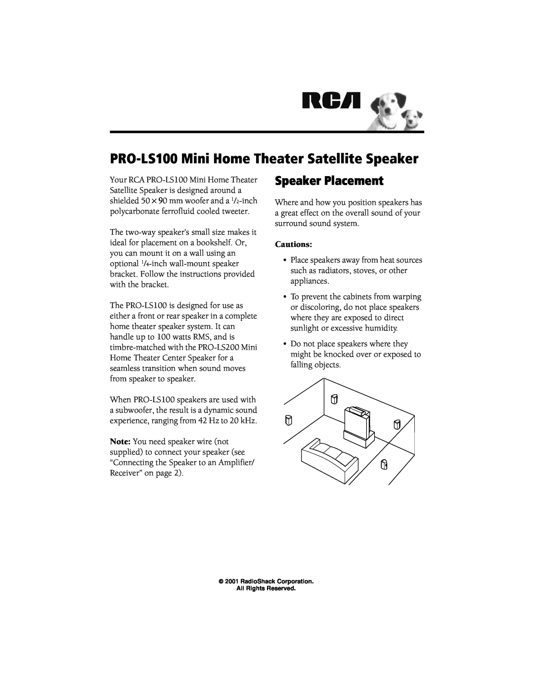 RCA manual Speaker Placement, Cautions, PRO-LS100Mini Home Theater Satellite Speaker 
