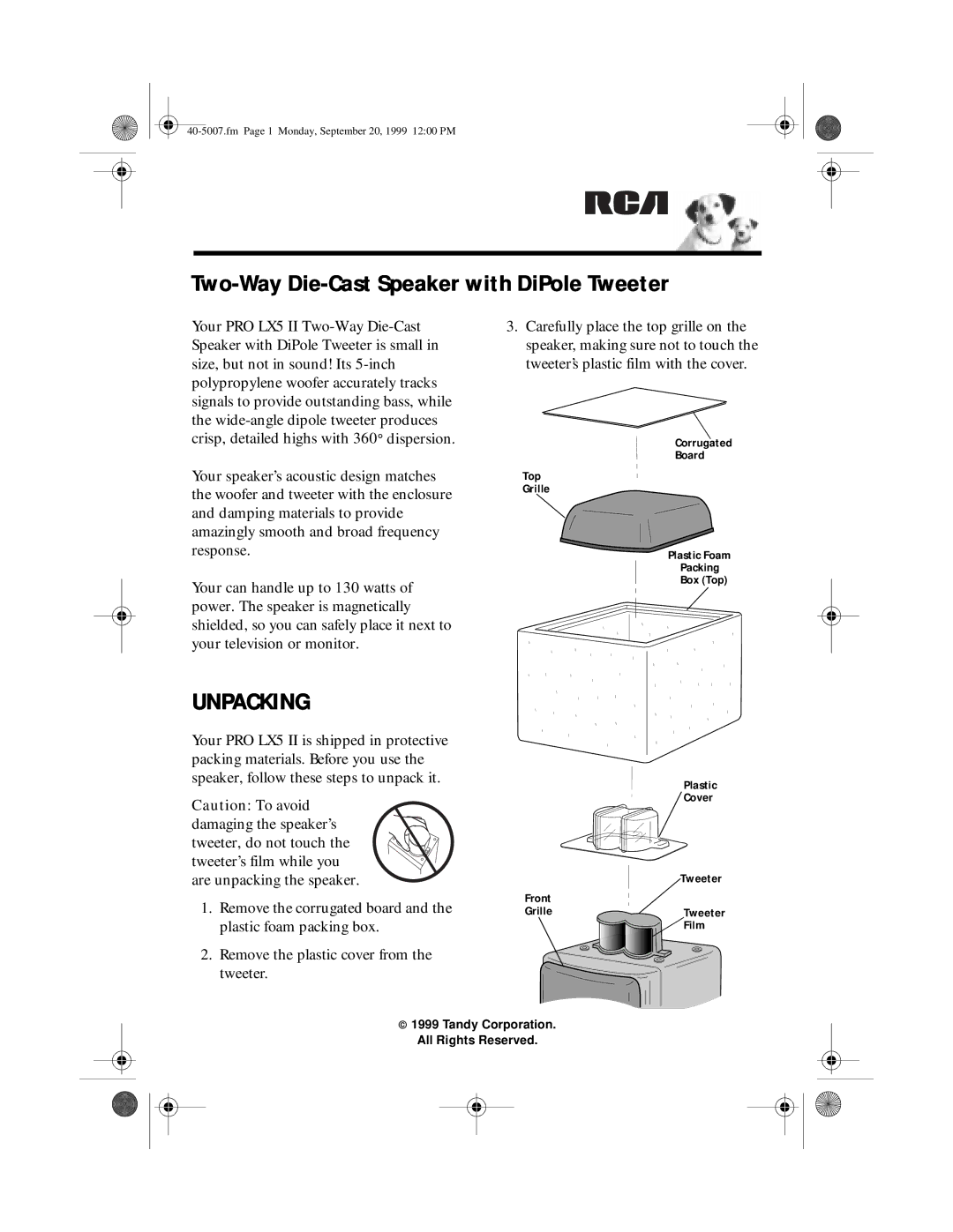 RCA PRO LX5 II manual Two-Way Die-Cast Speaker with DiPole Tweeter, Unpacking 